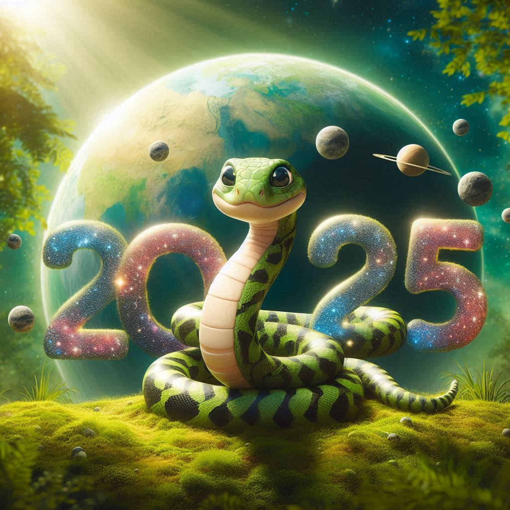 A friendly-looking snake intertwined with the year numbers 2025 in a lush, green natural environment, reflecting the powerful energy of planetary alignment.