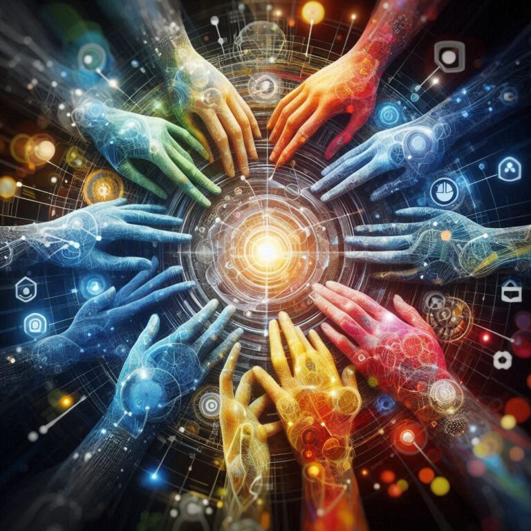 Interconnected hands of chakra colors symbolizing unity collaboration and communication