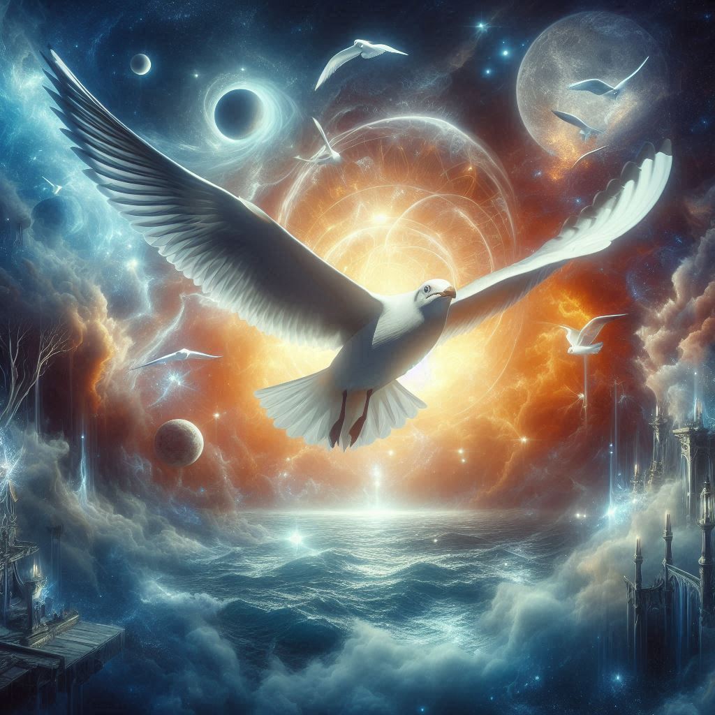 Jonathan Livingston seagull flying and having astral travel in a mysterious environment