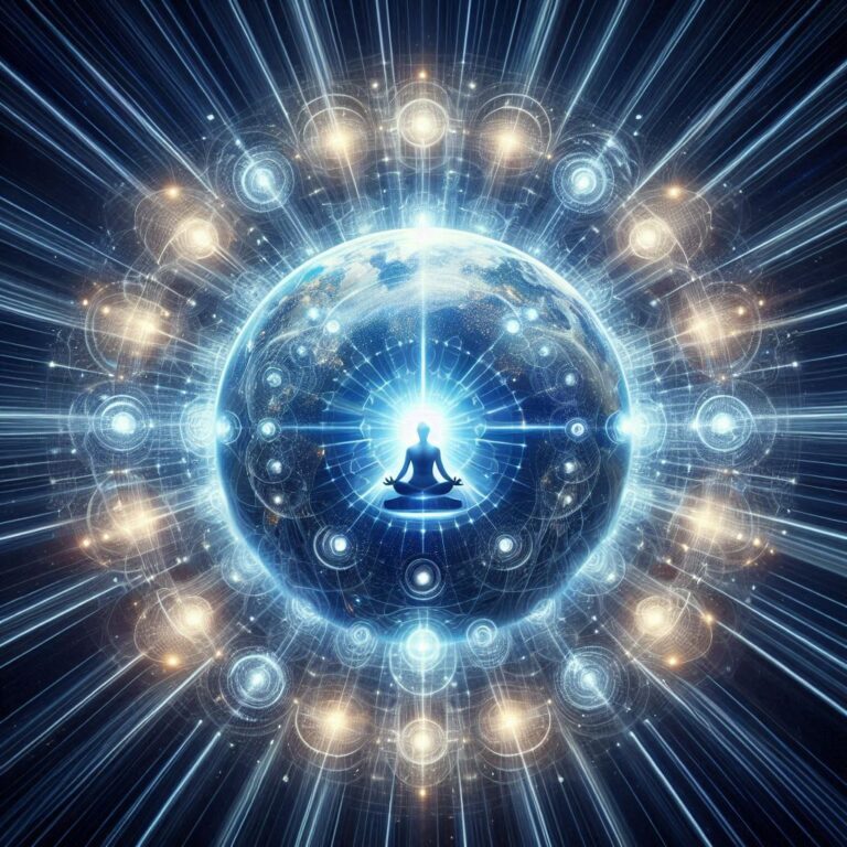 a globe surrounded by radiant energy or a convergence of light beams to represent collective meditation, World for Palestine